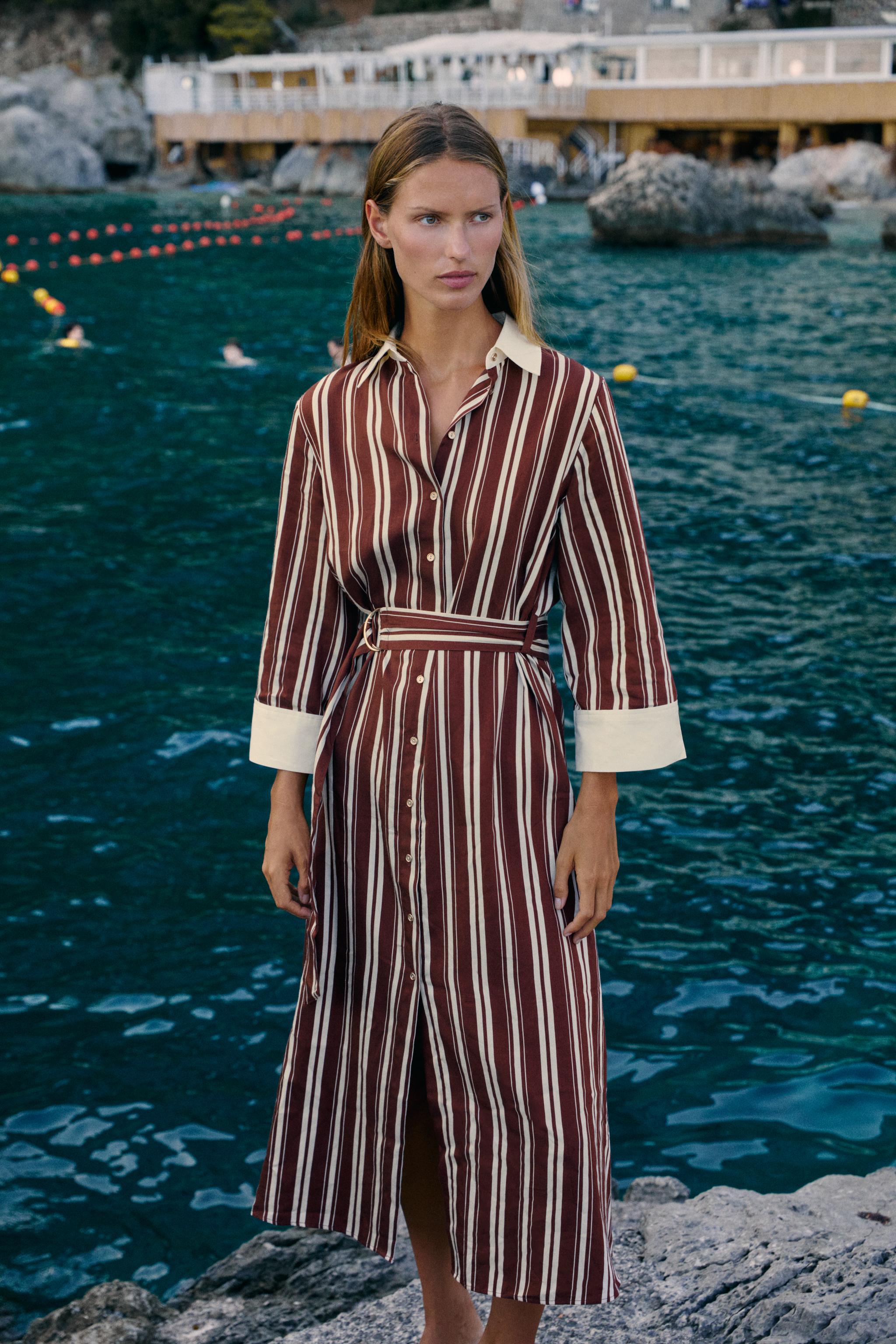 STRIPED BELTED MIDI SHIRT DRESS
